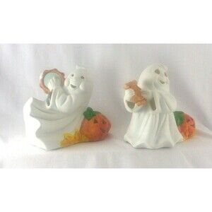 Ceramic Bisque Halloween Ghosts with Pumpkins  Figurines Tambourine Lyre Musical